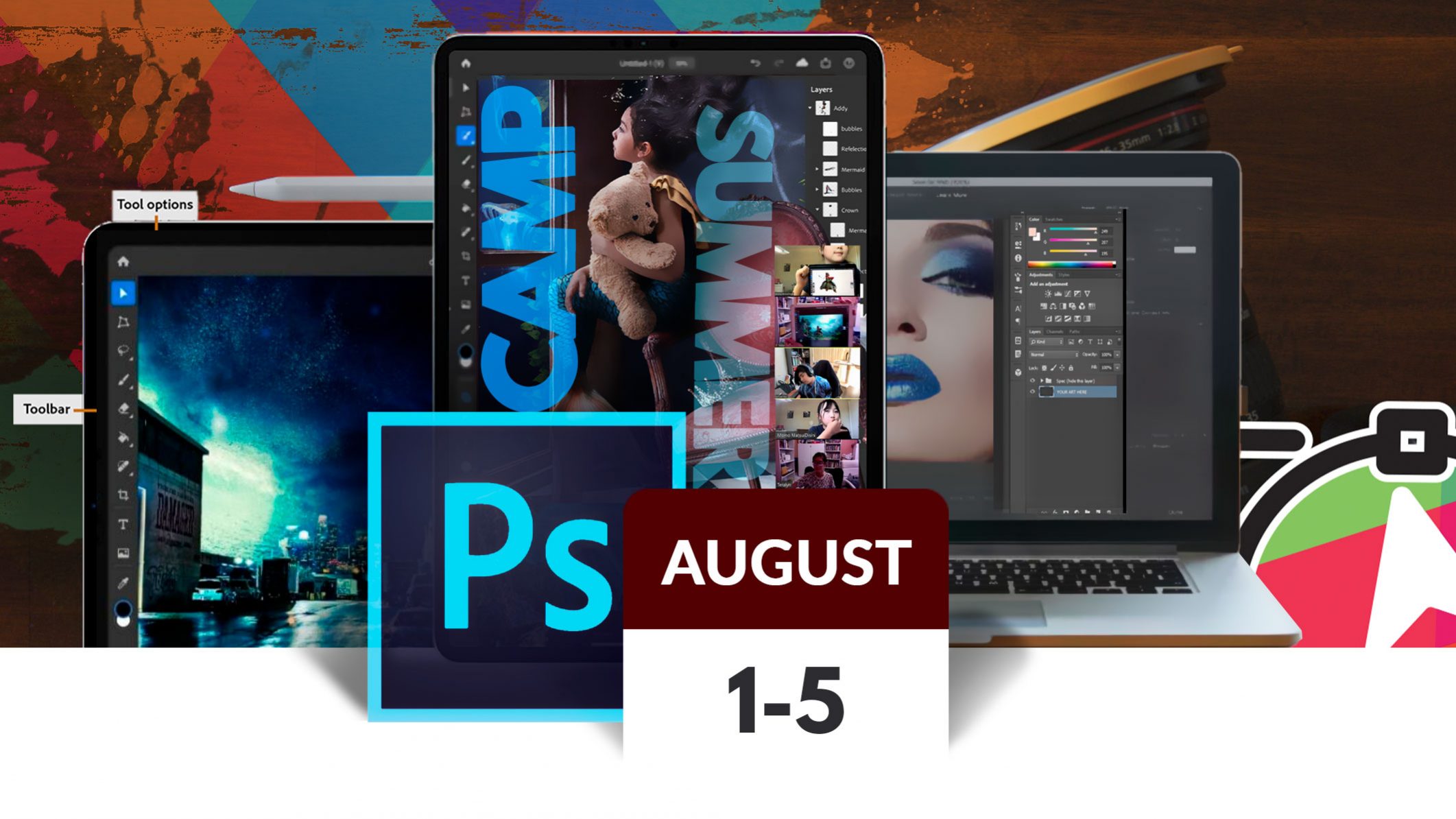 In 5 days Summer Camp, teenagers will learn how to create epic posters, business cards, videos, gif animated, YouTube channel arts and more... using Photoshop connected from iPad or Desktop. Online/Live Classes.
