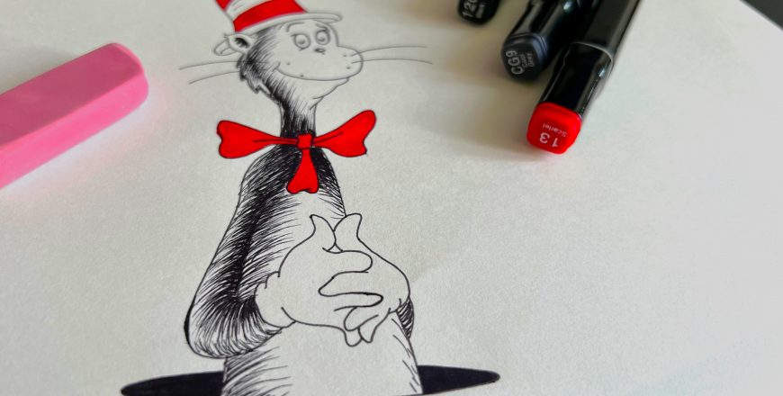 drawing on paper cat in the hat coming from a hole)